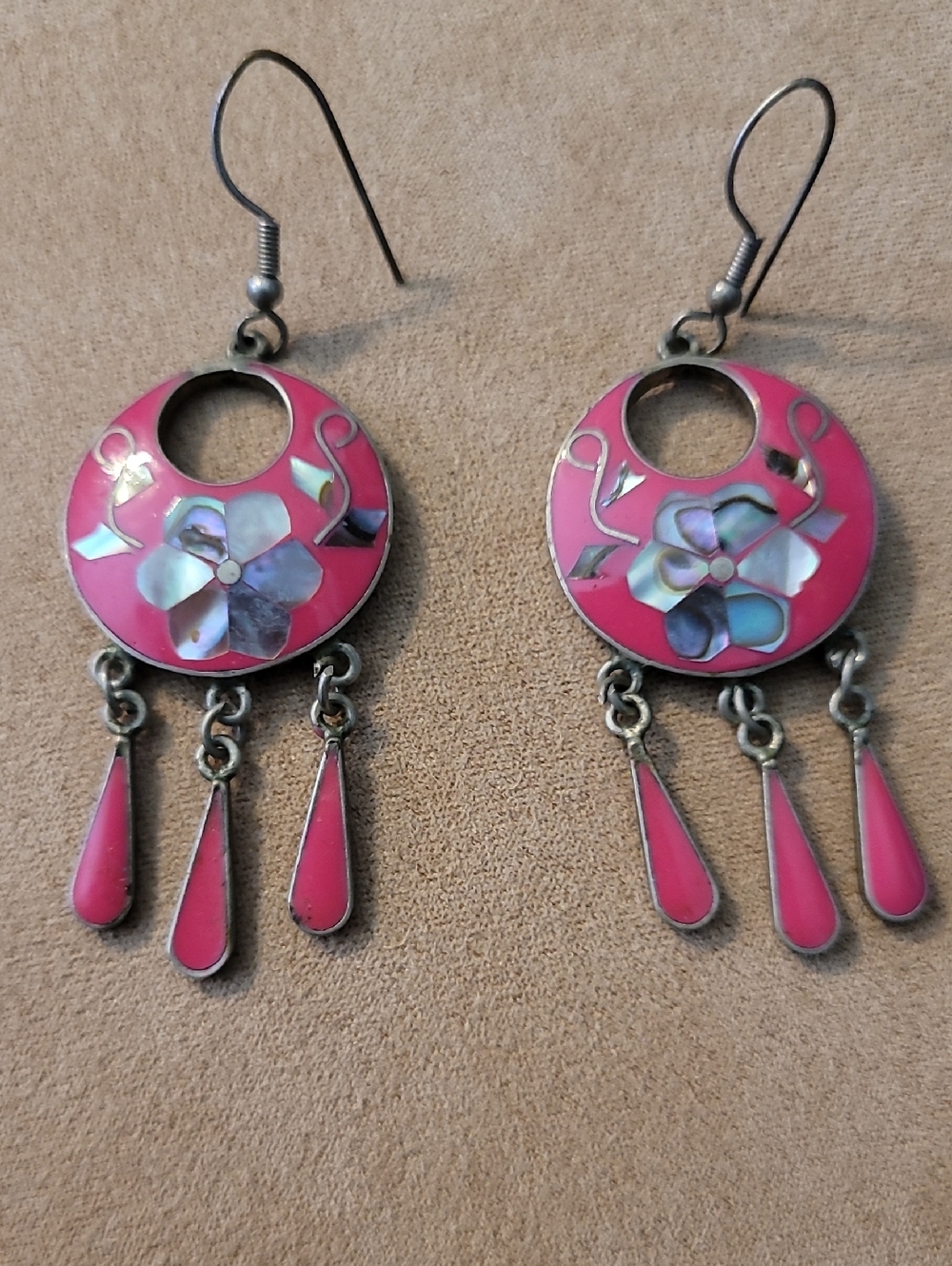 Earrings Vintage Boho Pink Enamel Abalone Signed Alpaca